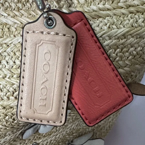 Coach Floral Straw Tote Bag with Tan and Coral Accents EUC - Picture 3 of 13